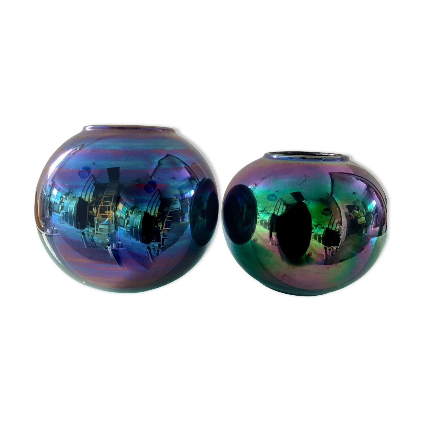 Duo of vintage iridescent ceramic vases from the 70s