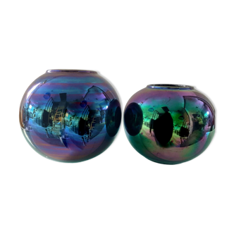 Duo of vintage iridescent ceramic vases from the 70s