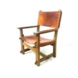 Antique French Handmade Brutalist Oak & Cognac Leather Castle Chair, 1920s.