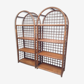 Pair of bamboo and rattan bookcases