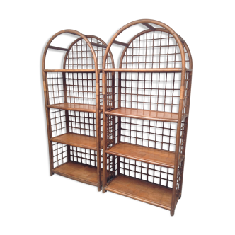 Pair of bamboo and rattan bookcases