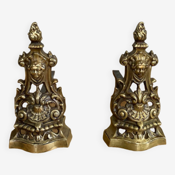 Pair of St Louis XV andirons in bronze and wrought iron, 19th century