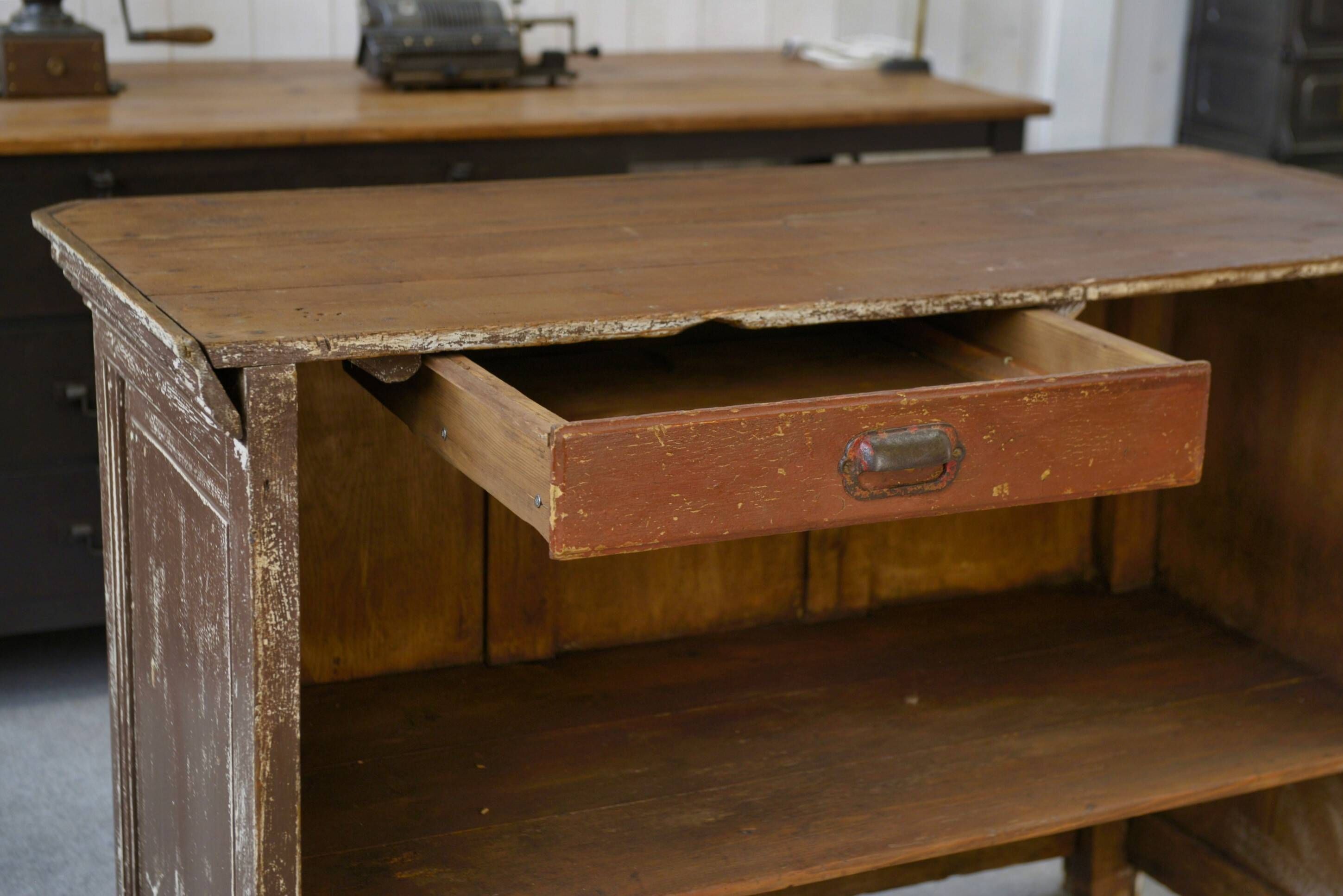 Vintage solid oak counter, patinated, 1950s.