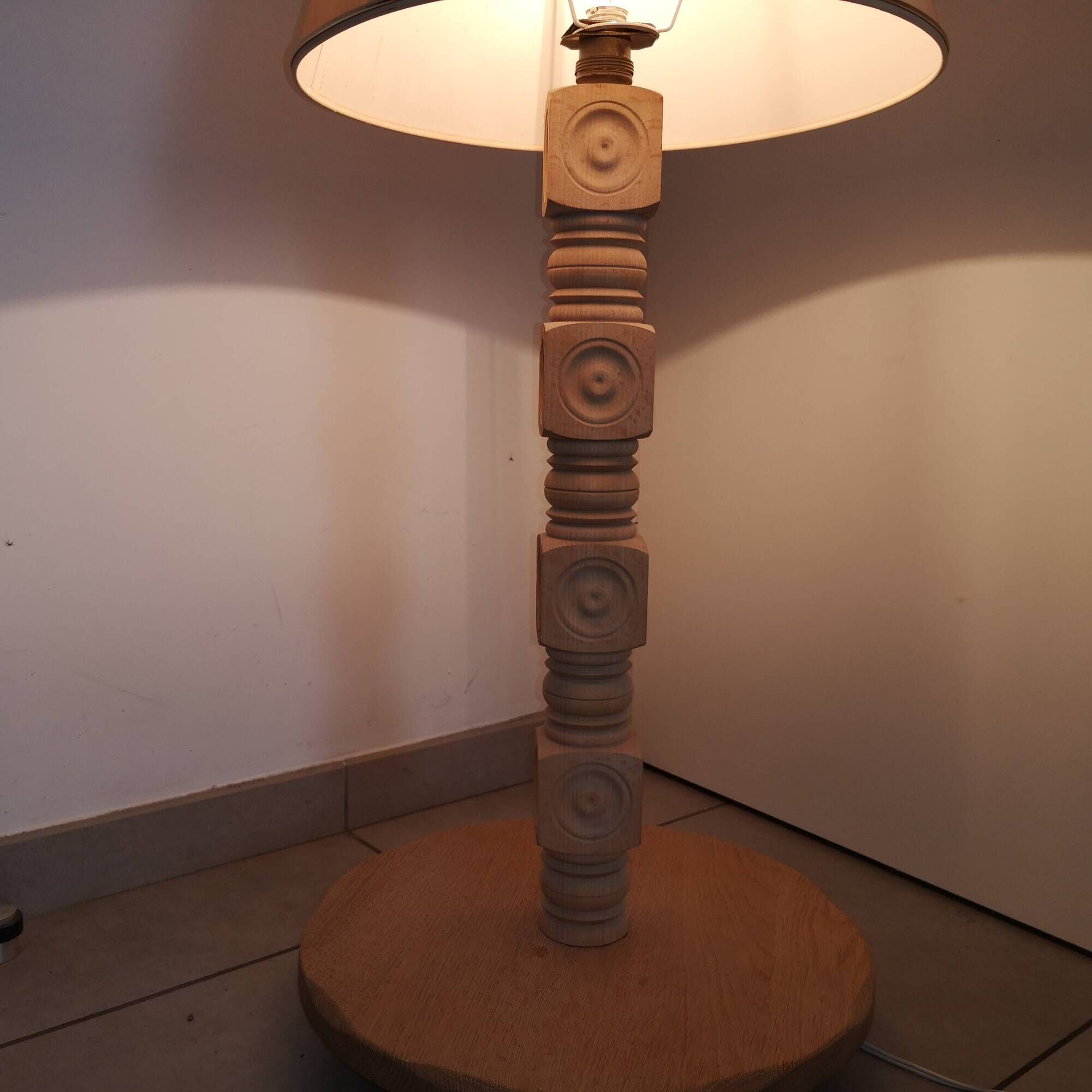 Brutalist living room lamp in raw oak by Charles Dudouyt 1940-1950