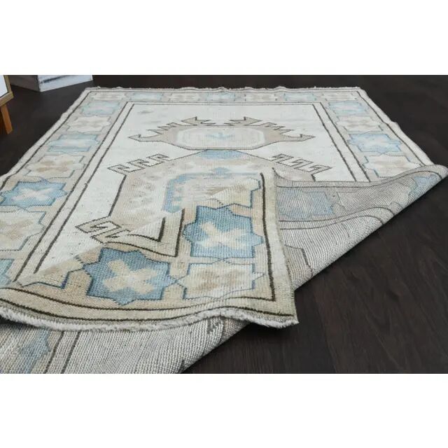 1970s Vintage Turkish Oushak Handmade  Beige Area Rug 113x192