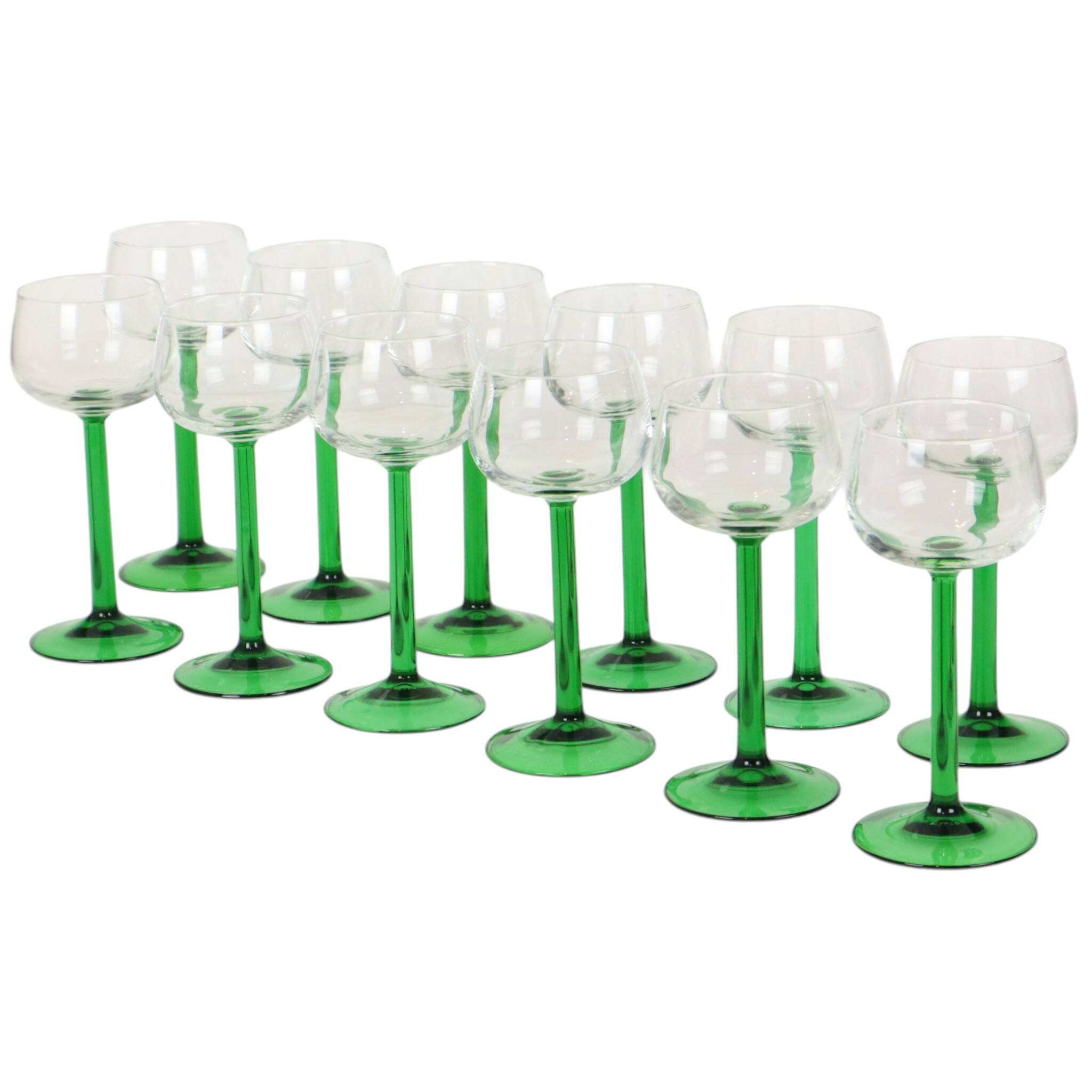 Set of 12 Vintage Luminarc Alsace Wine Glasses Thick Green Stems