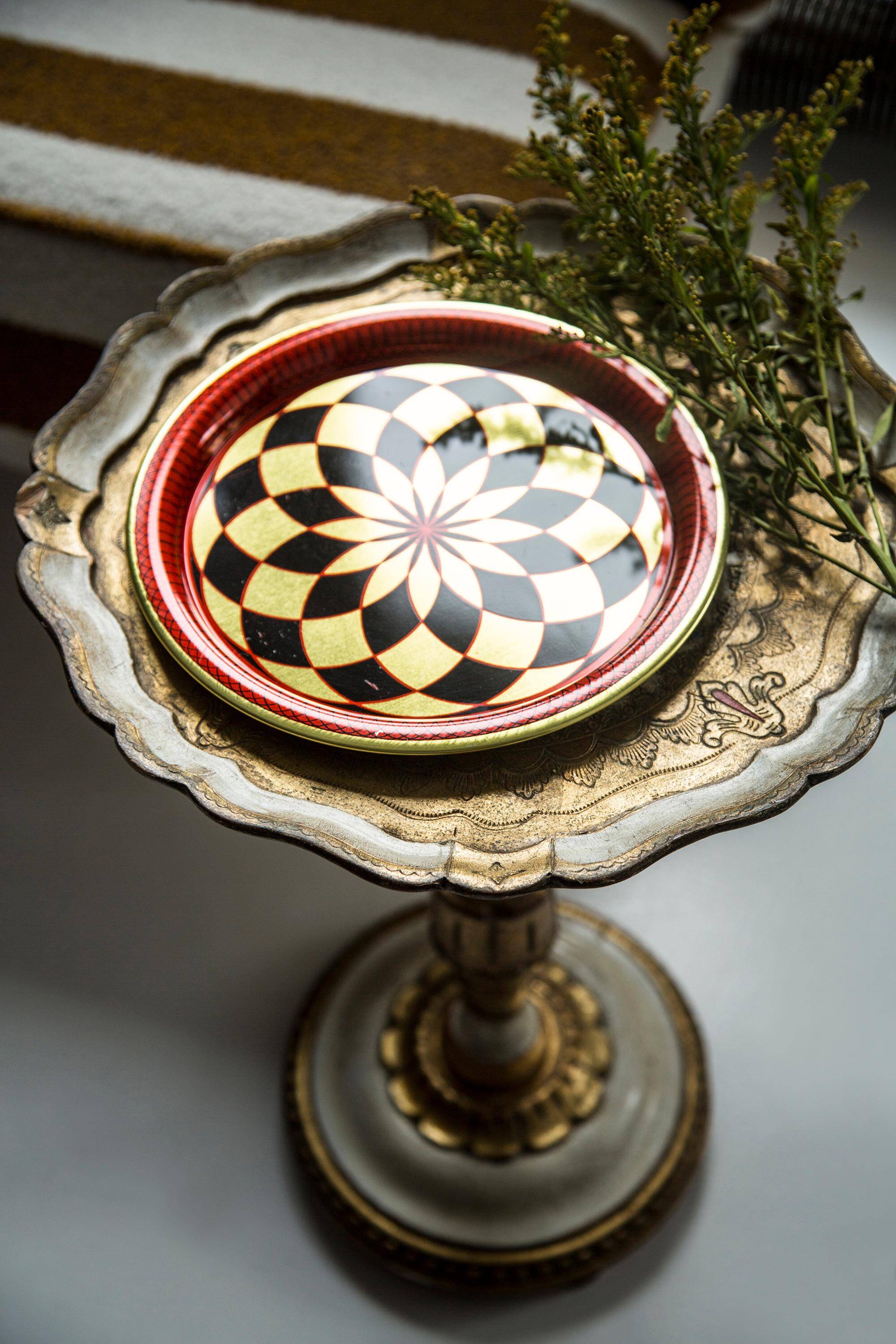 Vintage decorative plate in red, black, and gold metal, Poland, 1960s.