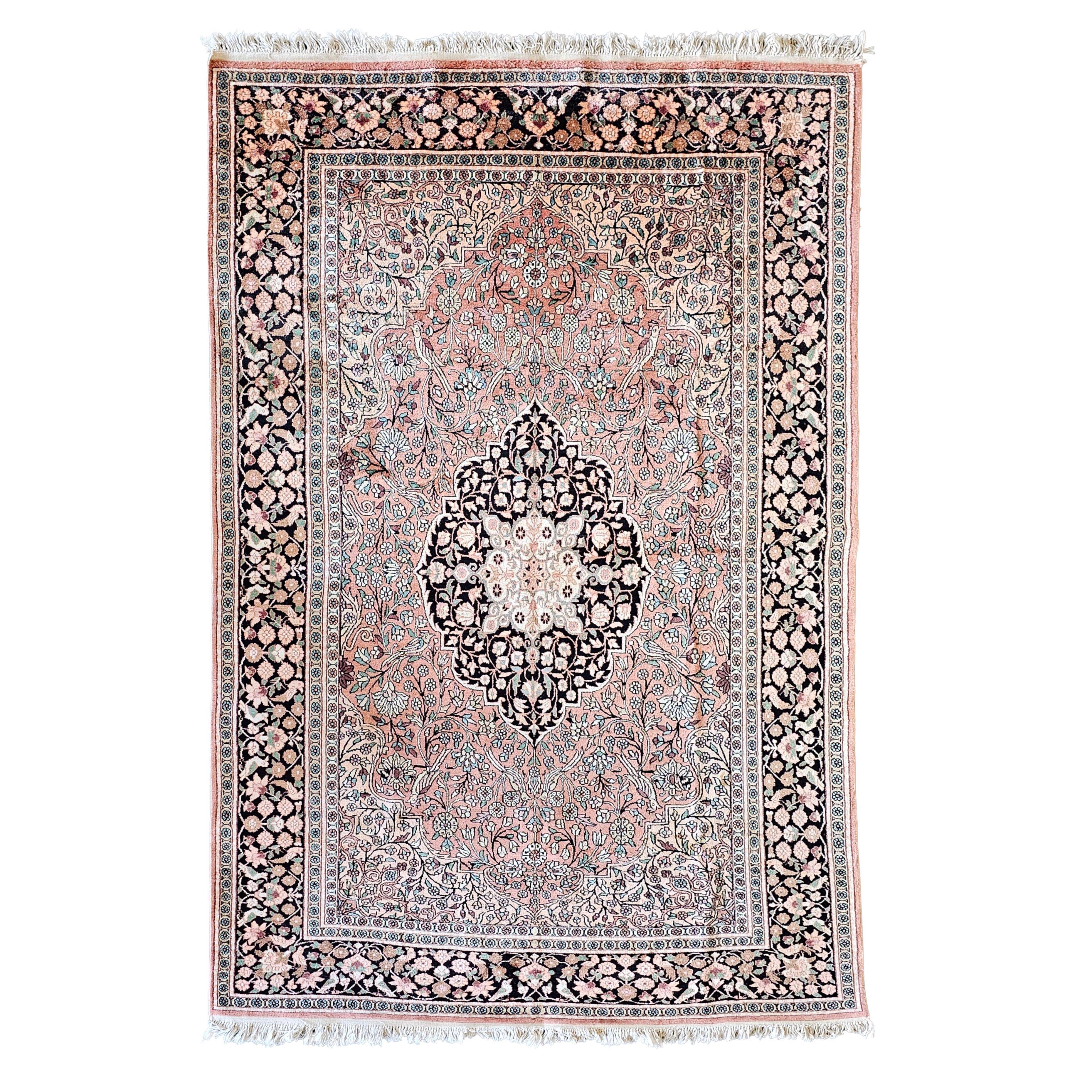 Vintage Kasmir Silk Hand-Knotted Rug with Floral Pattern, Pakistan 1950s