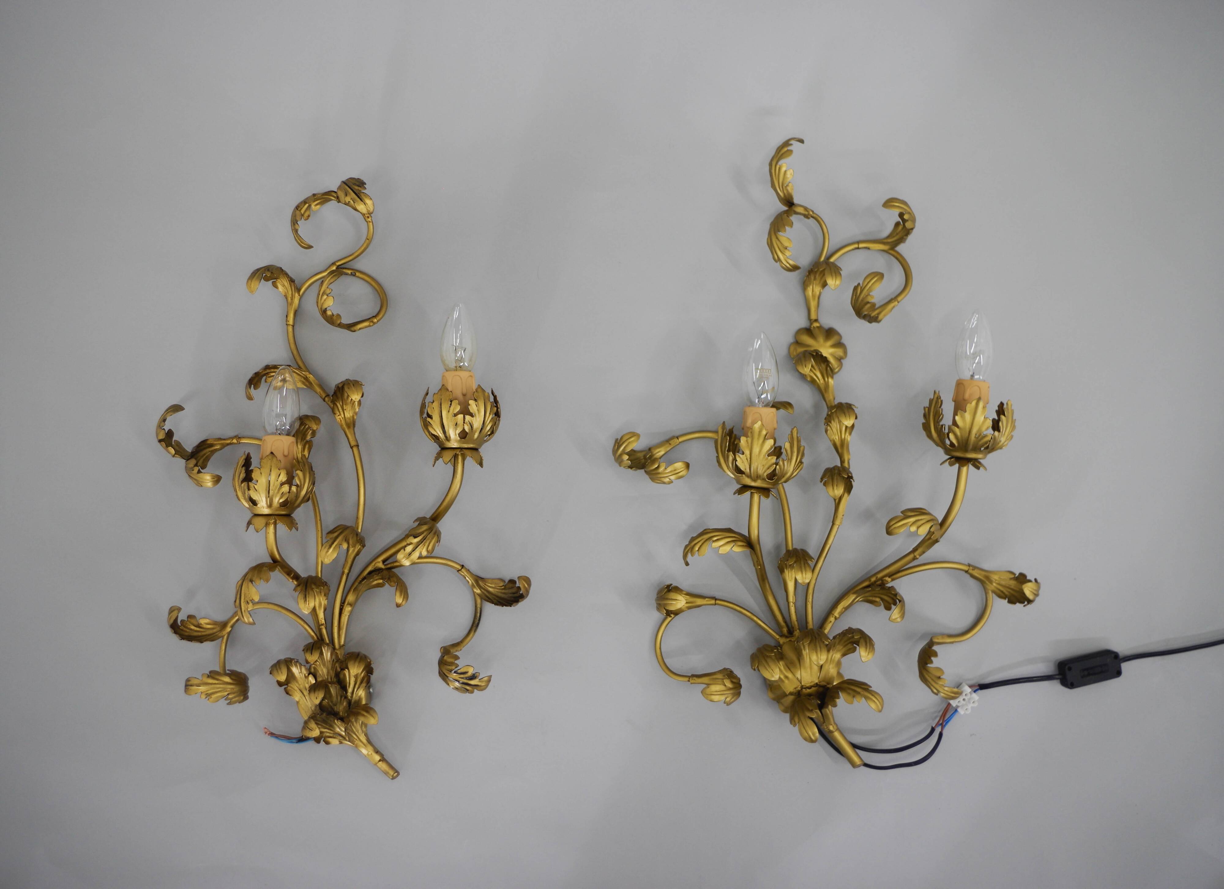 Set of Two Gilt Wall Lamps, Italy, 1960s