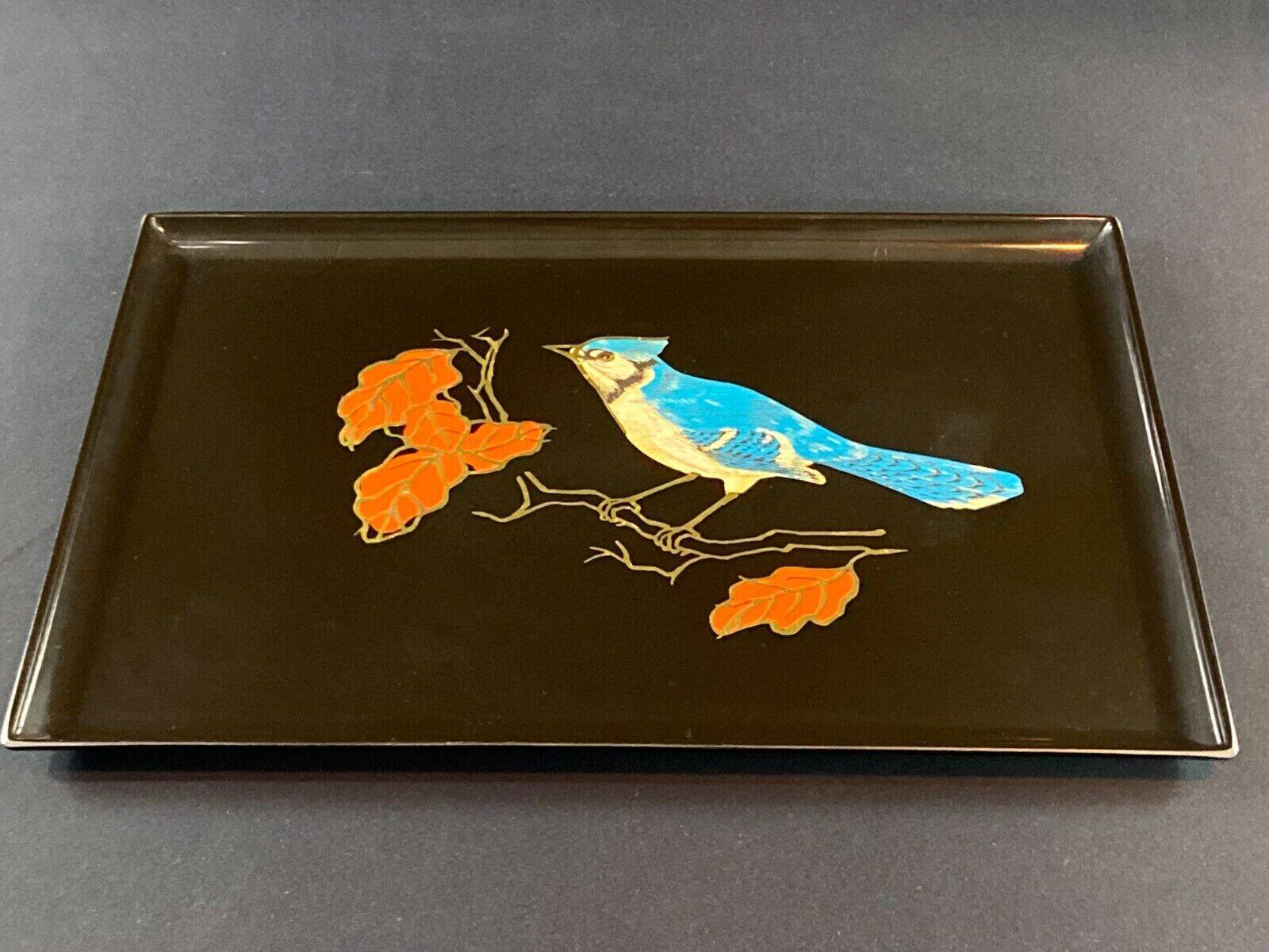 Tray in satin black resin with bird decoration 1970