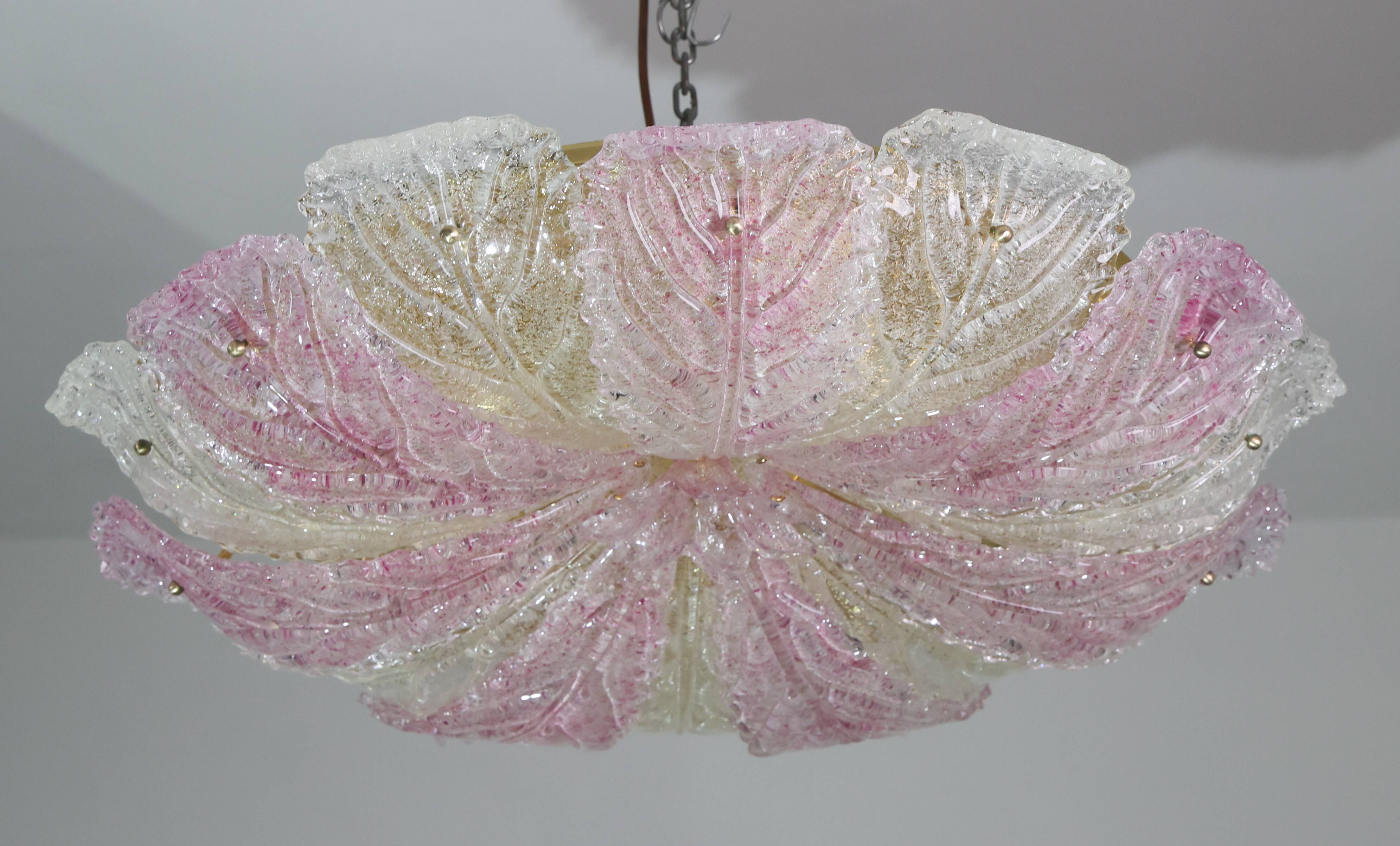 Large Size Pink and Transparent Murano Glass Leave Ceiling Light or Chandel