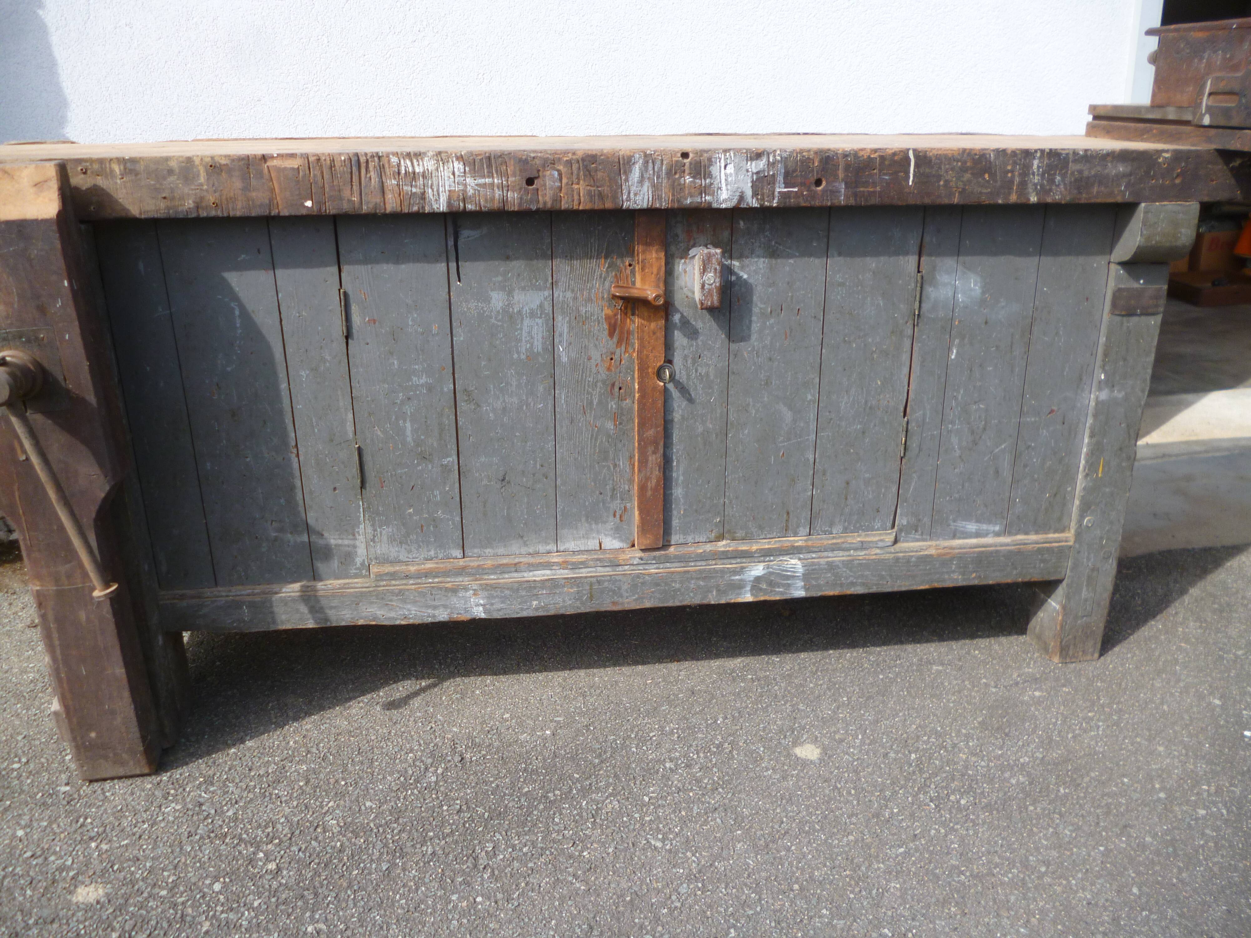 Peugeot brand old green patina wooden workbench