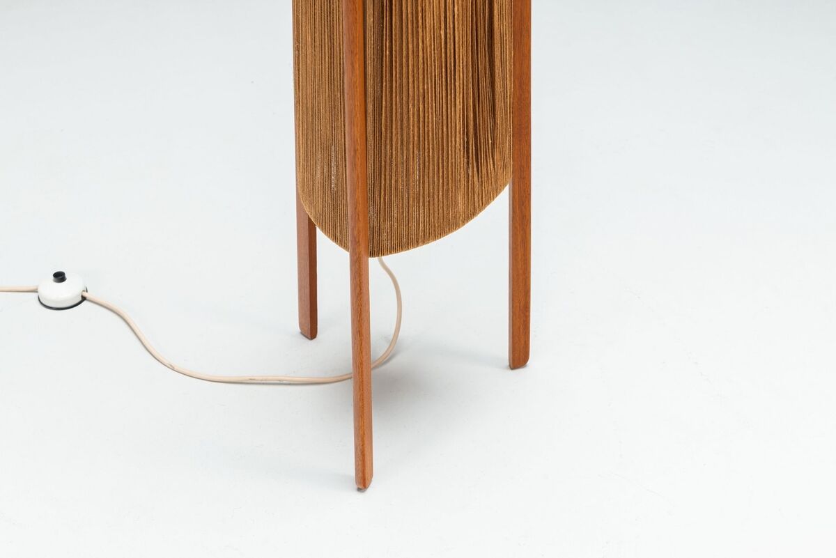 Temde tripod floor lamp in sisal and teak, Switzerland, 1960