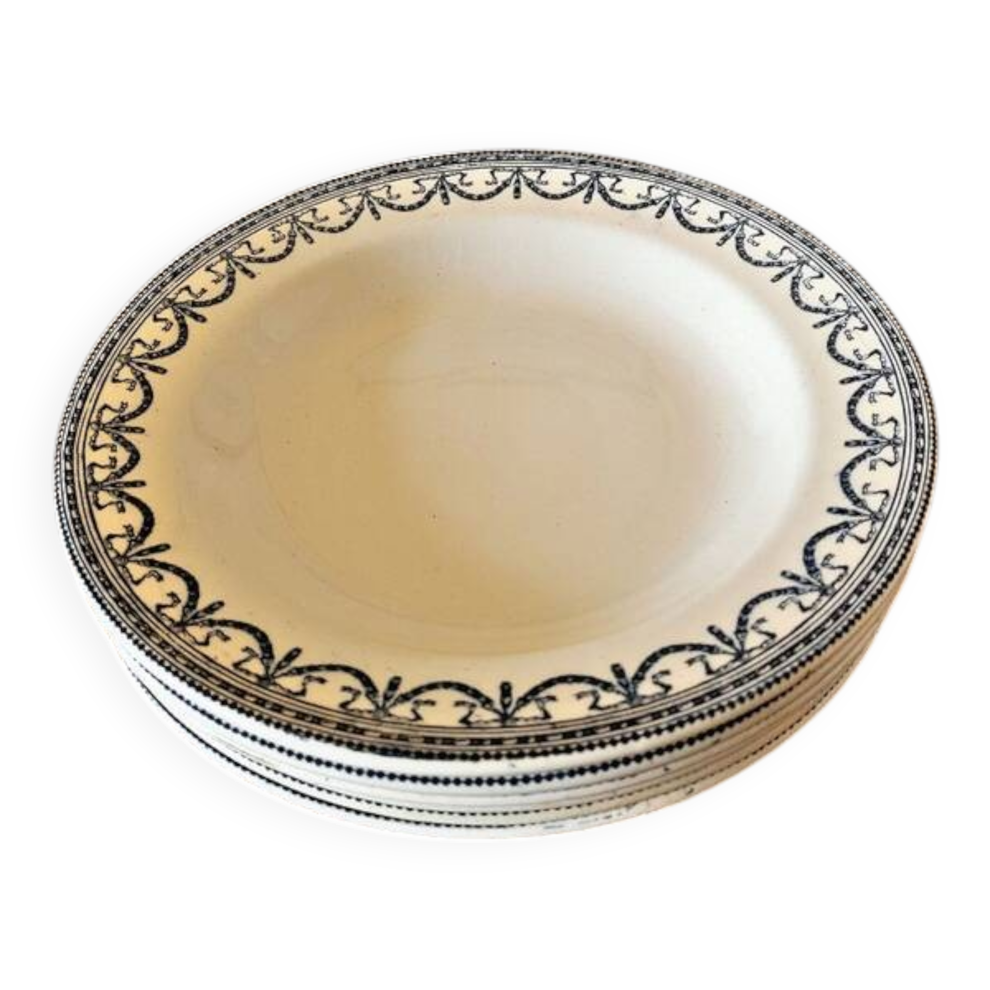 Salins R&A ironstone soup plates, Louis XVI Garland pattern