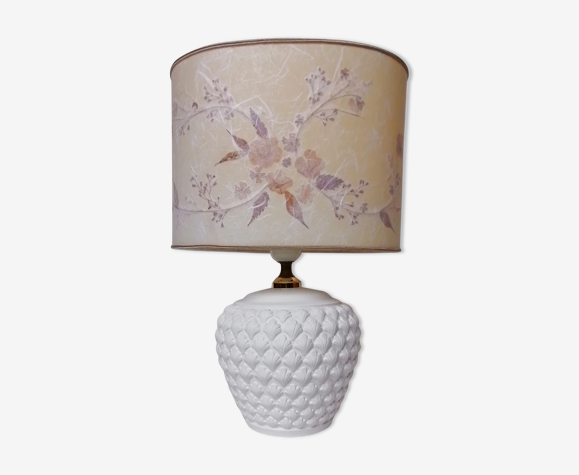 Lampe abat-jour fleurs séchées pied céramique blanche