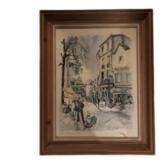Watercolour painting of Montmartre, Place du Tertre, Paris, signed Guillery.