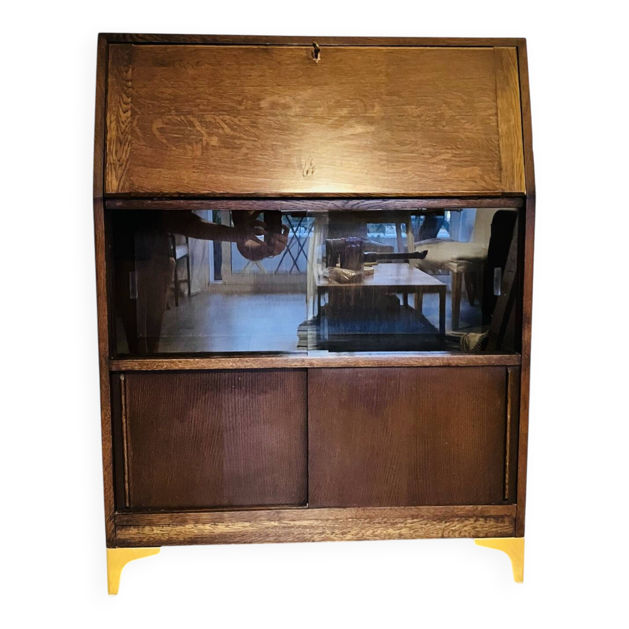 Solid oak secretary with golden feet