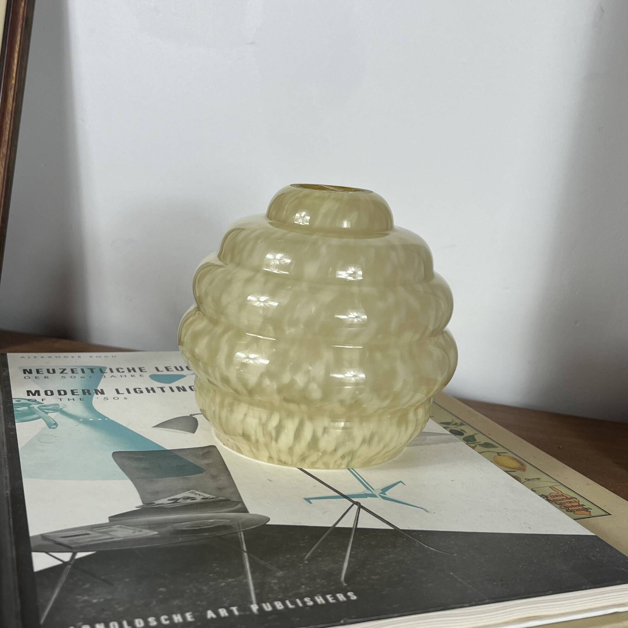 Pale yellow Art Deco speckled glass globe Clichy