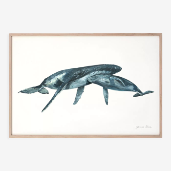 "Joy & Marius", the whale and its cub, art print 21/29.7 cm