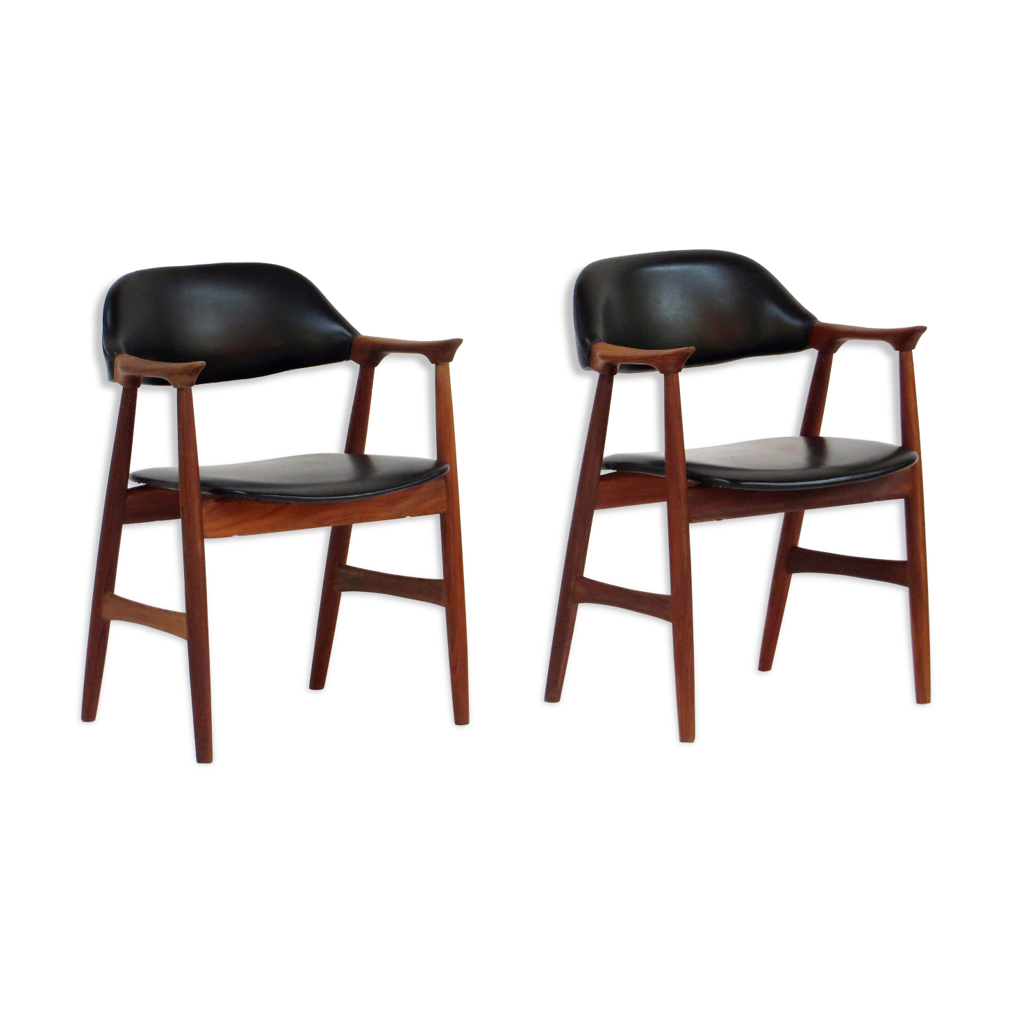 Set of two cowhorn desk arm chairs in black leatherette with teak frame, 1960s