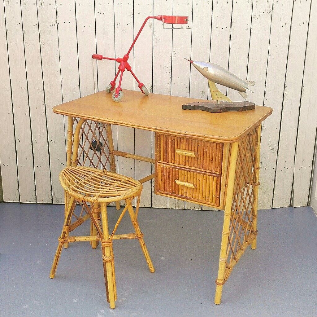 Vintage Louis Sognot rattan desk and stool
