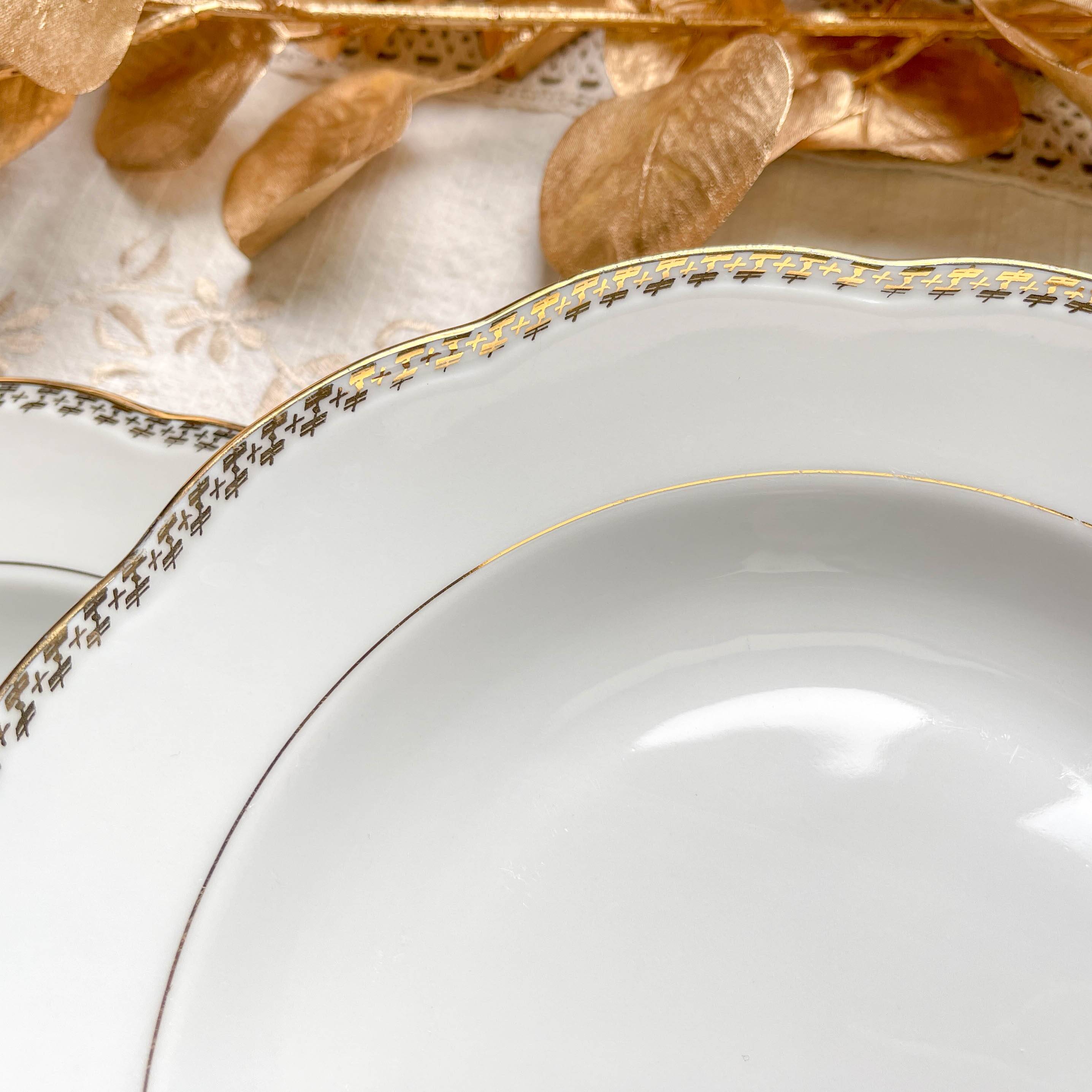 6 Vintage French white and gold porcelain soup plates SPF –