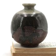 Wabi-sabi round vase in stoneware with green glazing, 1970s ceramics.