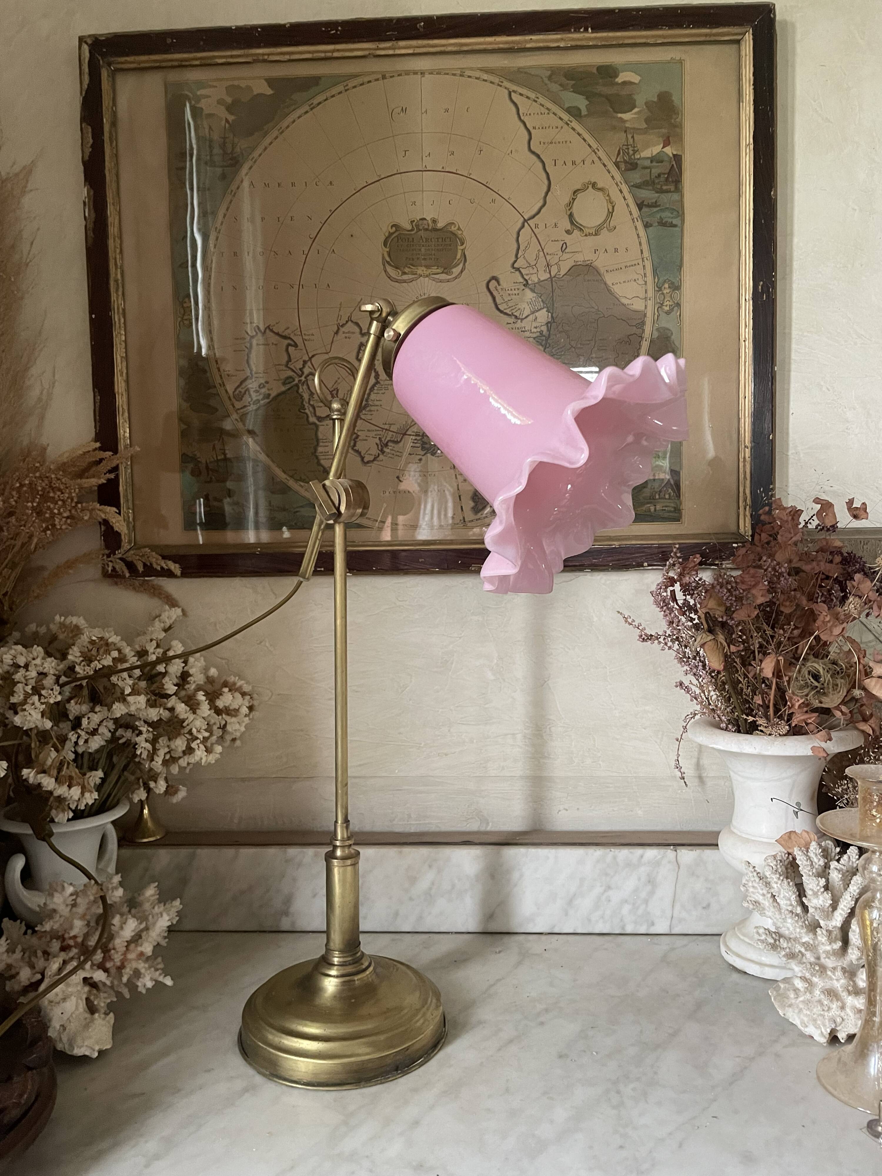 Large vintage lamp in brass with a pink opaline shade.