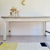 Antique work table in patinated white wood and zinc top - workbench