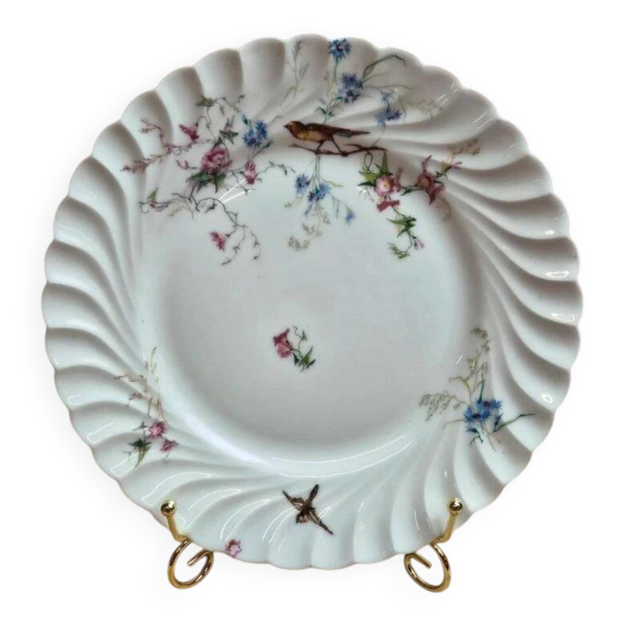 Assiette ancienne Haviland & Co Vermont Frères – porcelaine polychrome oiseaux fleurs