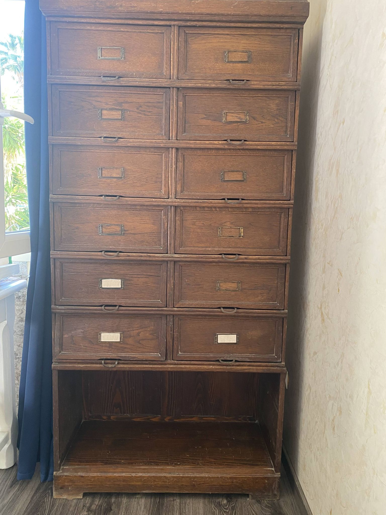 Antique tradesman's cabinet with 12 flap drawers + oak niche - 1930s