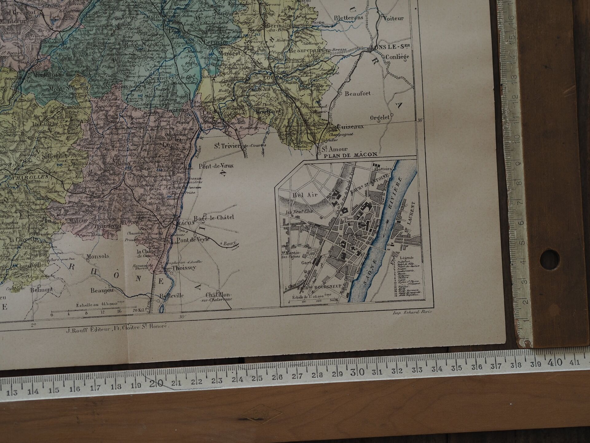 Saône and Loire, old map printed in 1883.