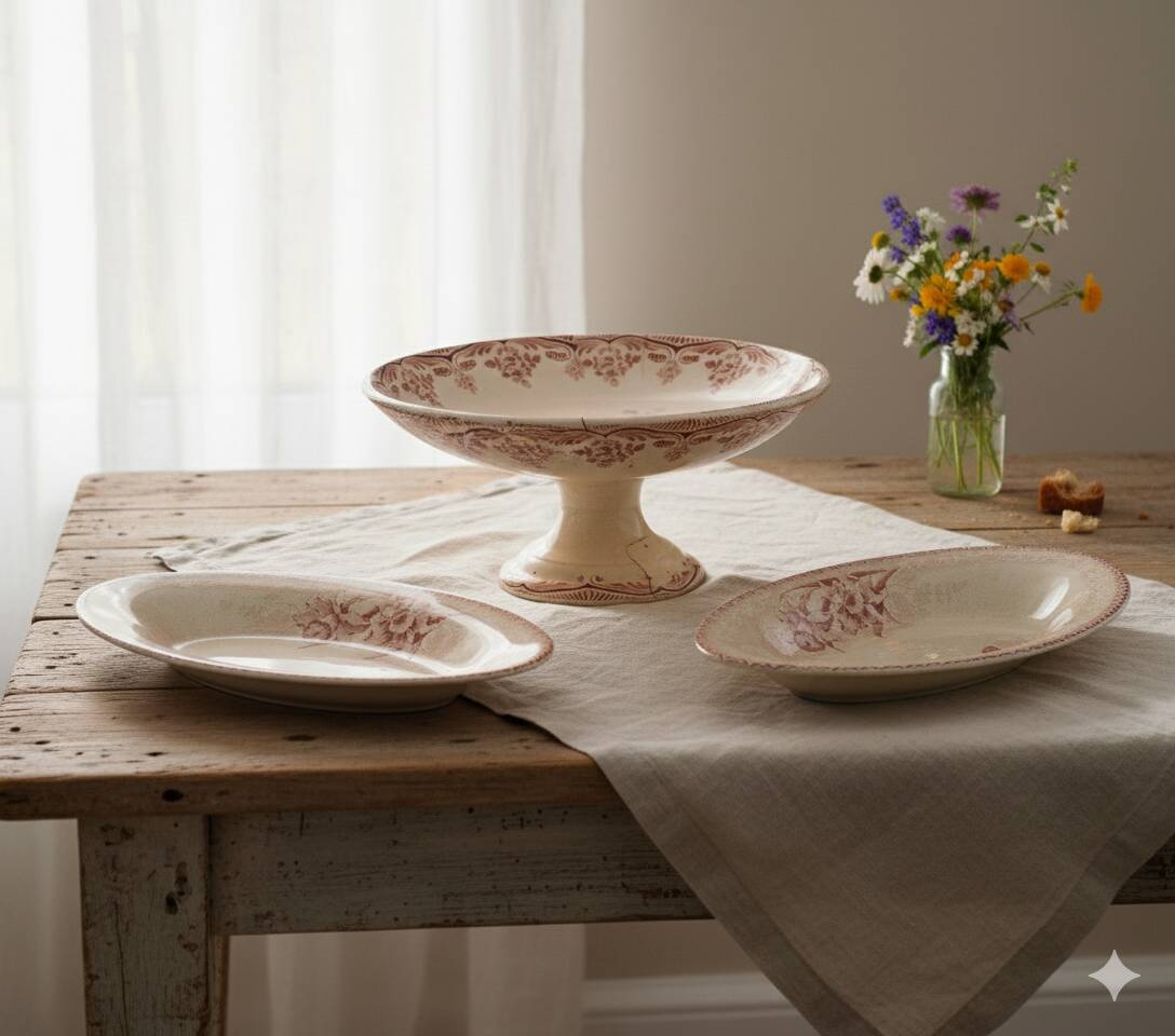 Antique service, fruit dish and 3 oval platters, ironstone