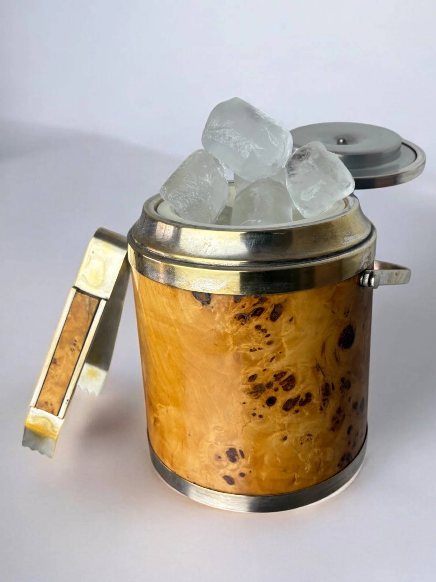 Lucite burl wood & brass ice bucket with tongs, Italy, 1970