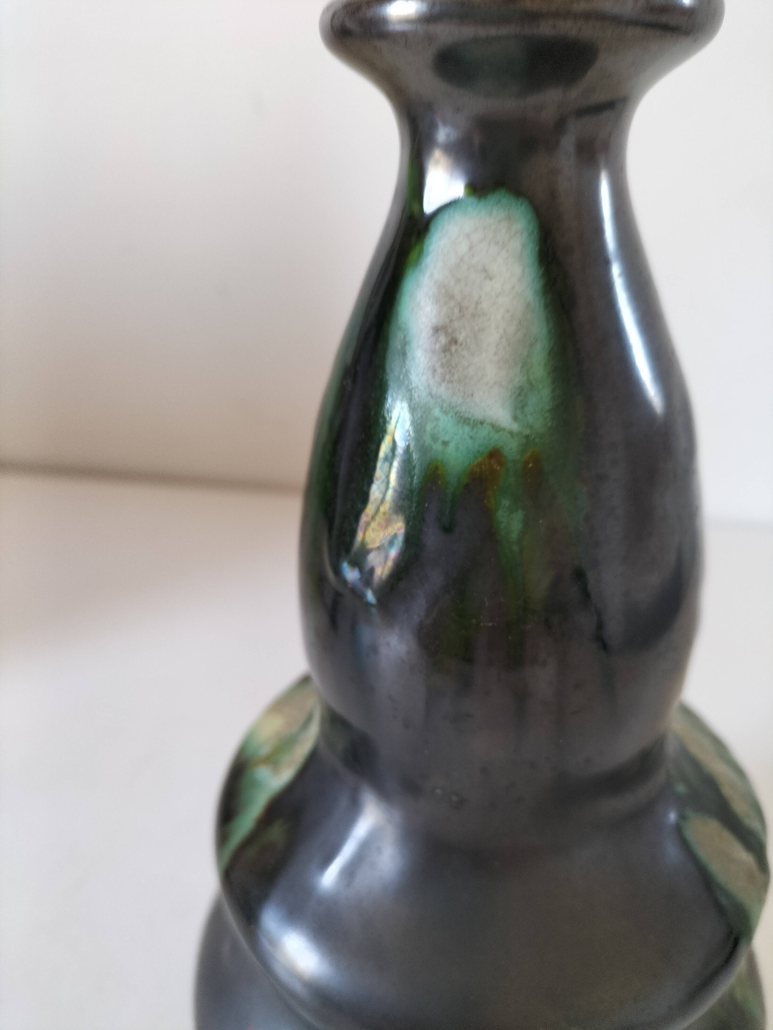 Thulin vase Belgium flamed green black enamel