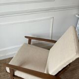 Scandinavian style armchair in wood and ecru fabric, 1950-1960