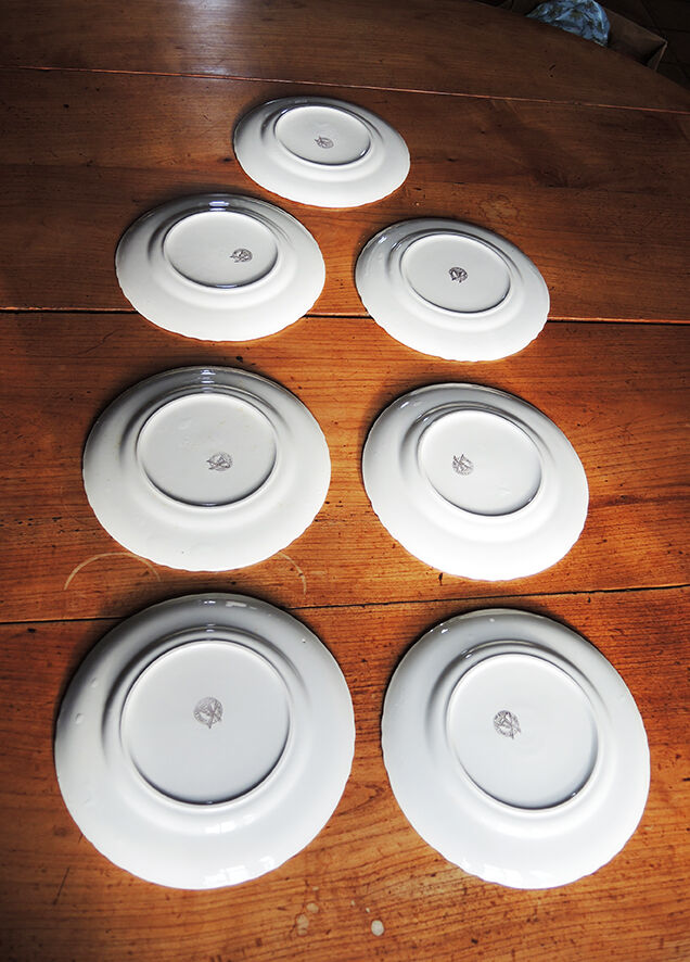 7 anciennes assiettes à dessert Moulin des Loups décor oiseau