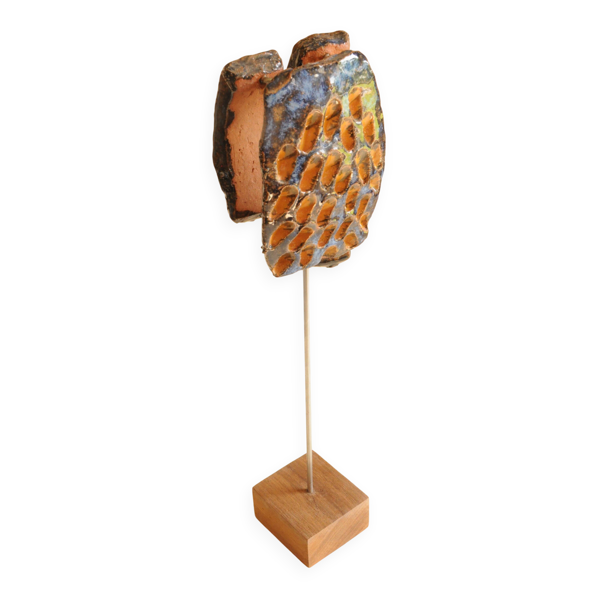 Glazed Terracotta Sculpture Signed - Abstract Art - Blue Amber