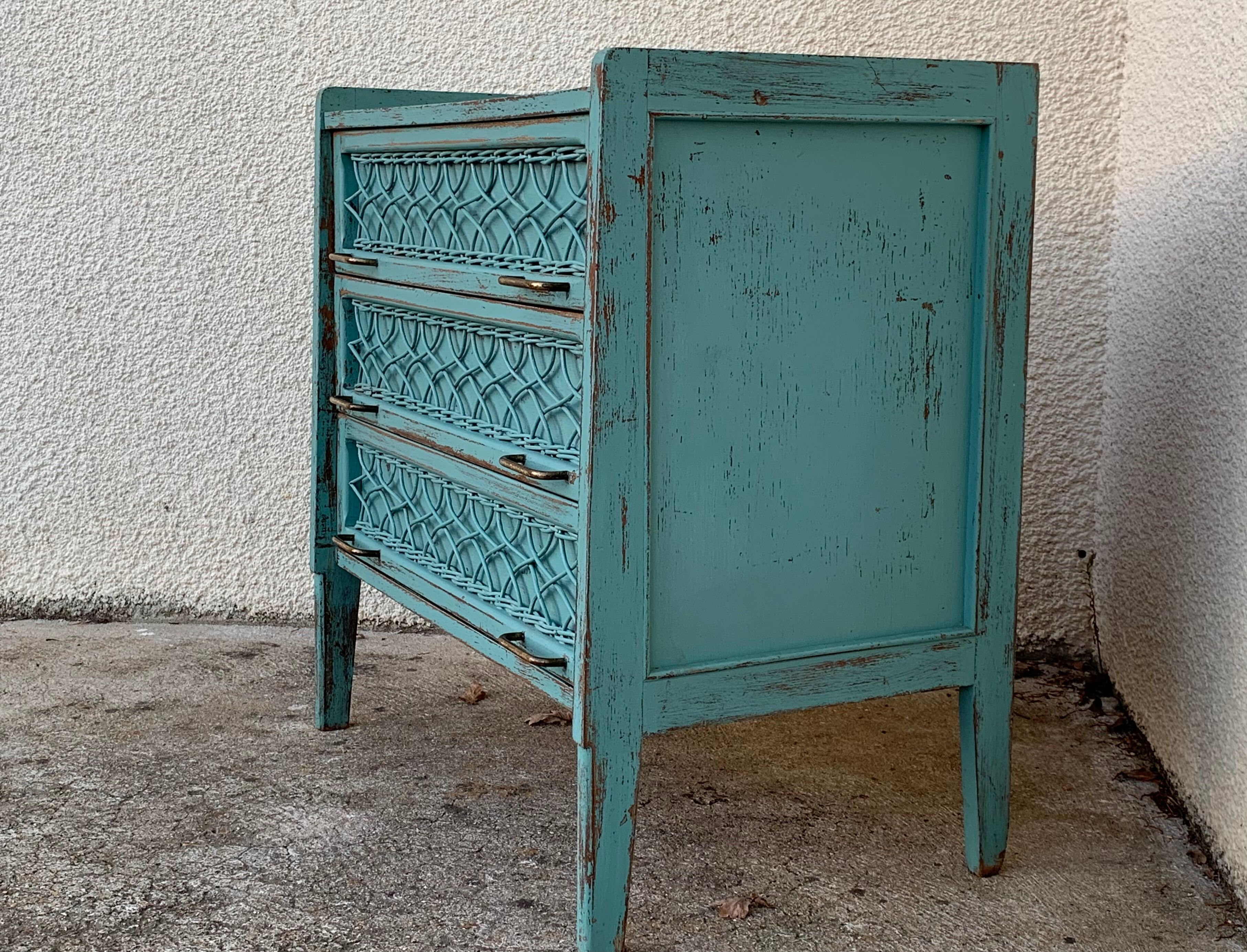 Vintage chest of drawers wood and rattan patina turquoise 1950