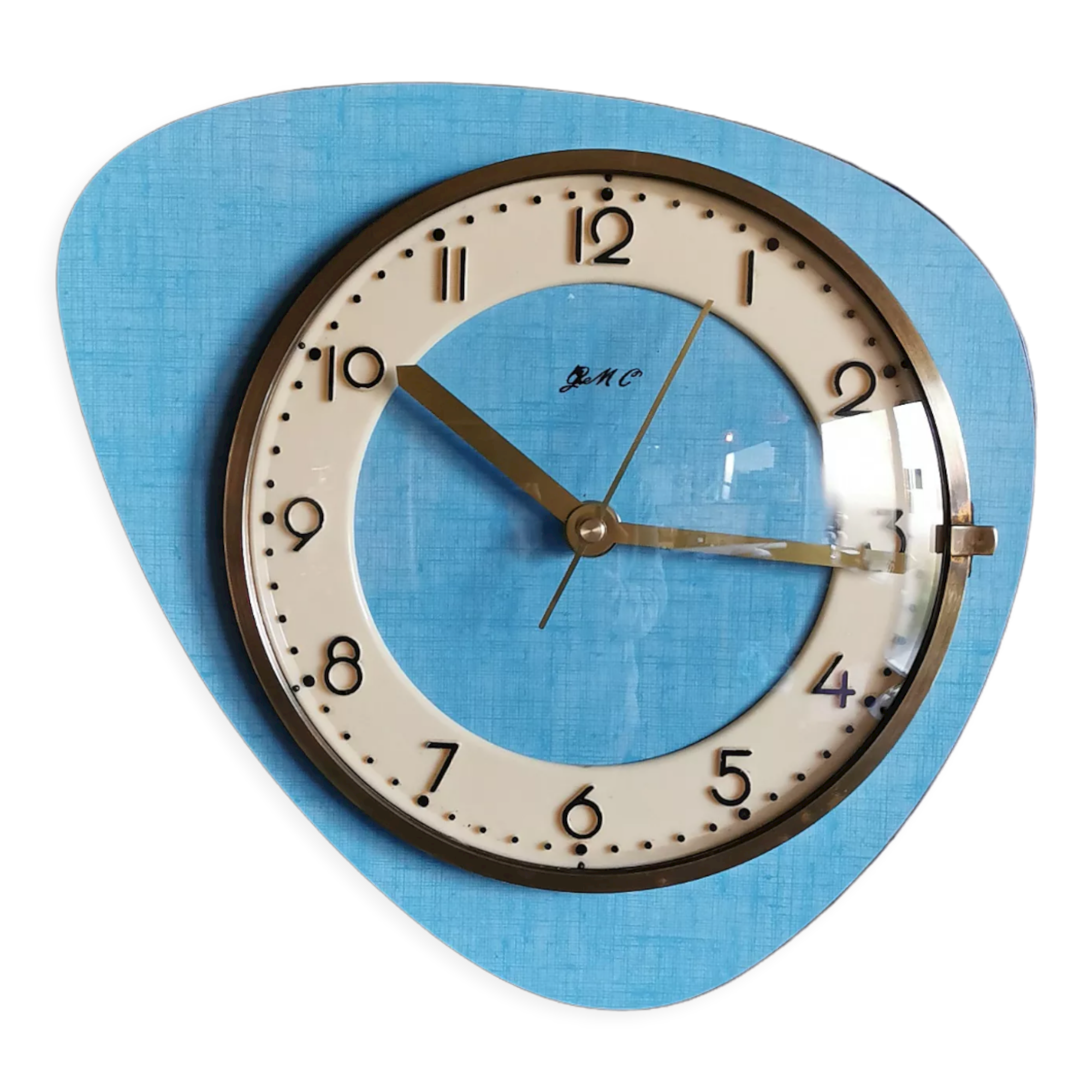 Vintage formica clock asymmetrical silent wall clock "GC celestial blue"