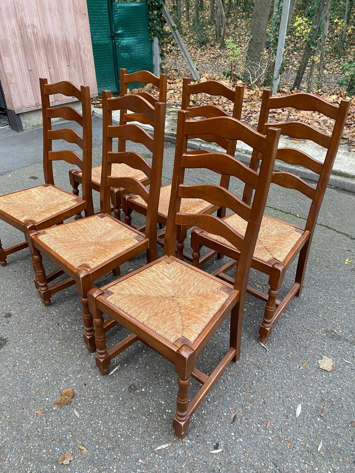 6 solid oak dining chairs with straw seats, 104cm