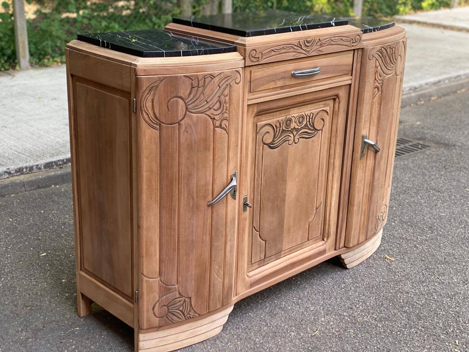 Art Deco sideboard renovated in solid walnut with black marble, 1930.