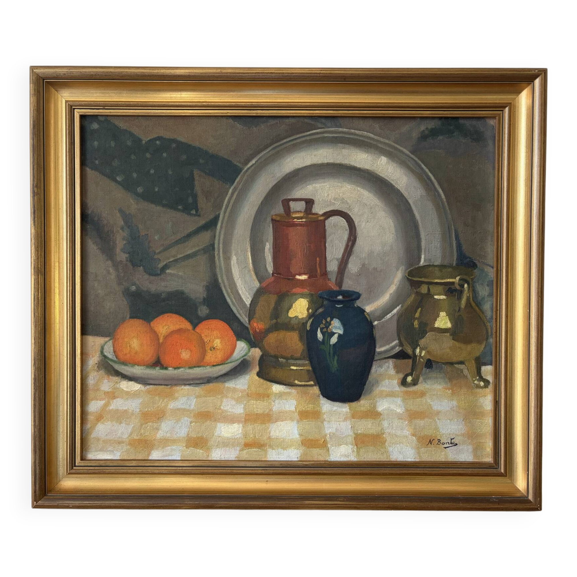 Still life on checked tablecloth, oil on canvas signed N Bonté.