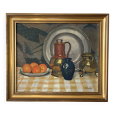 Nature morte sur nappe à carreaux, huile sur toile signé N Bonté