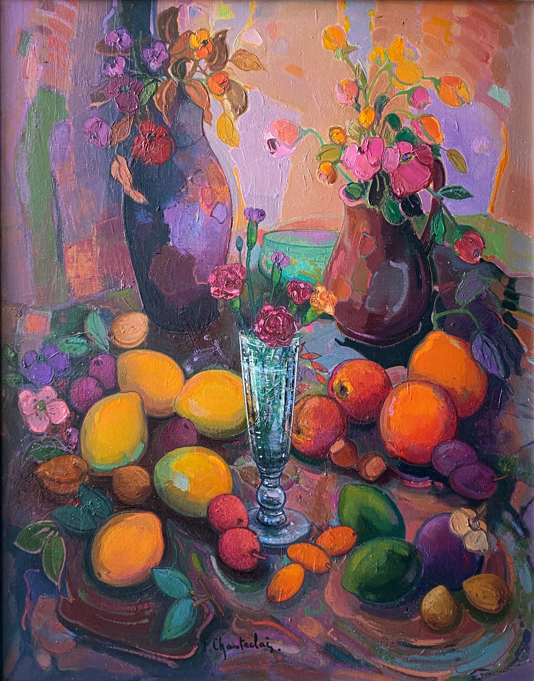 Painting "Still life with flowers and fruits" HST François Chanteclair born in 1942