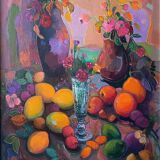 Painting "Still life with flowers and fruits" HST François Chanteclair born in 1942
