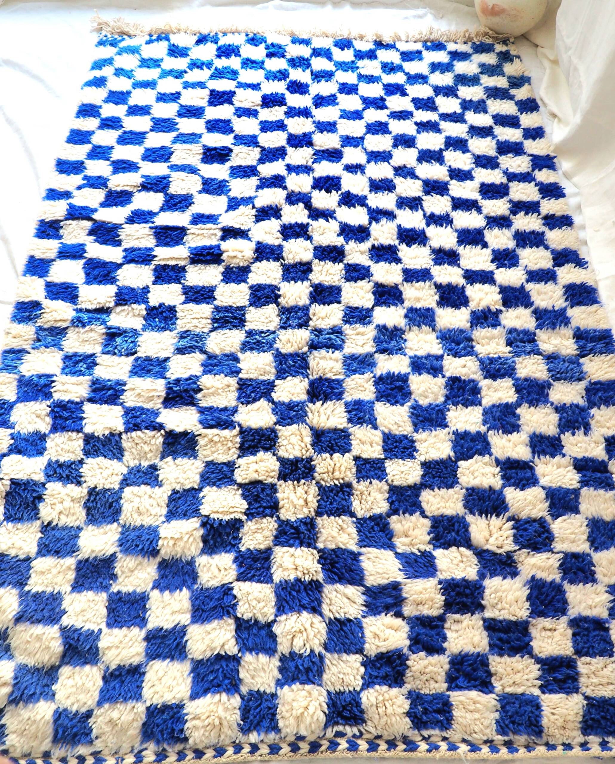 Majorelle Blue Moroccan Checkerboard Rug. Handmade, 100% pure wool. 255x165cm