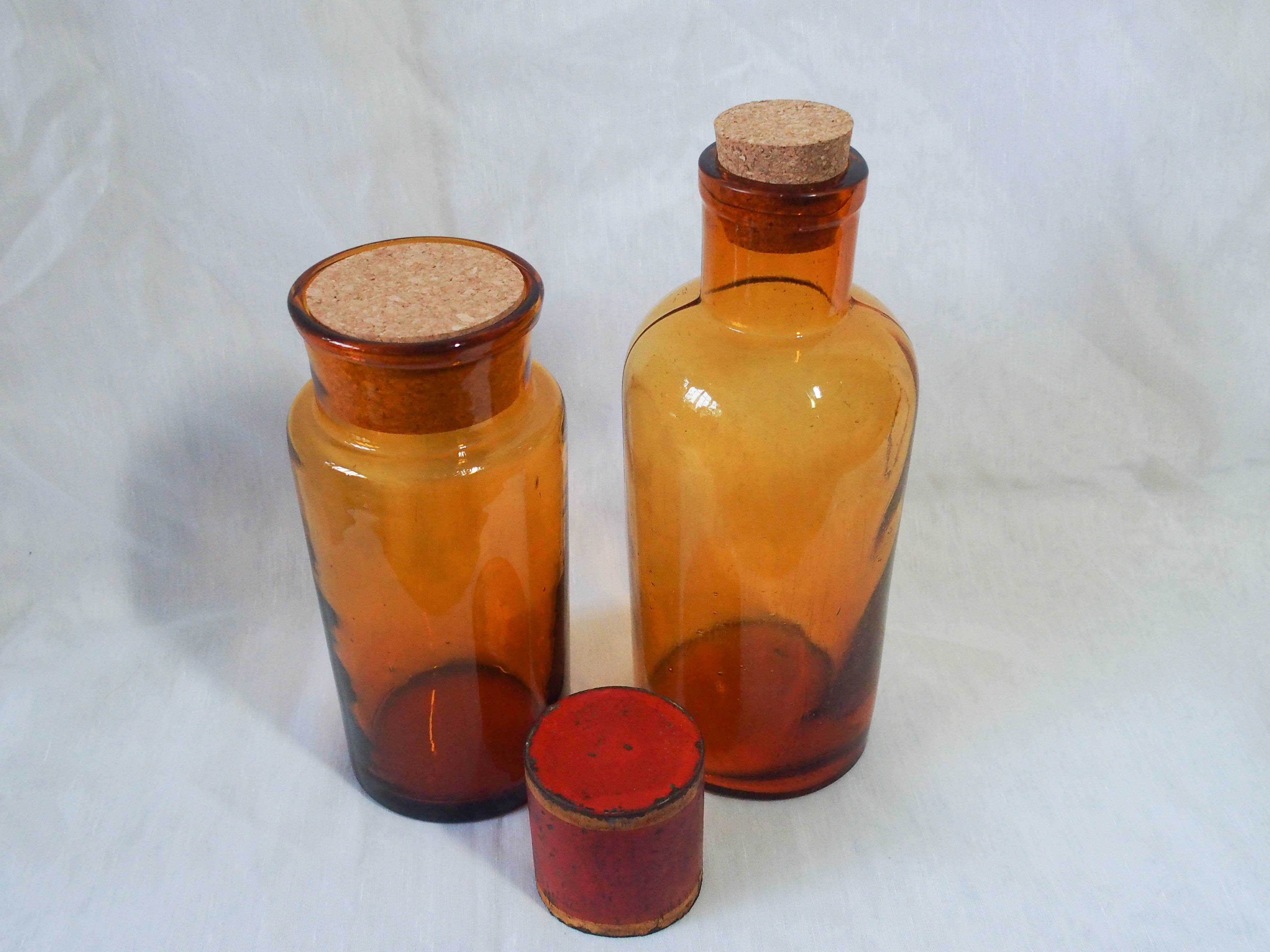 Duo flacon et bocal à pharmacie en verre ambré