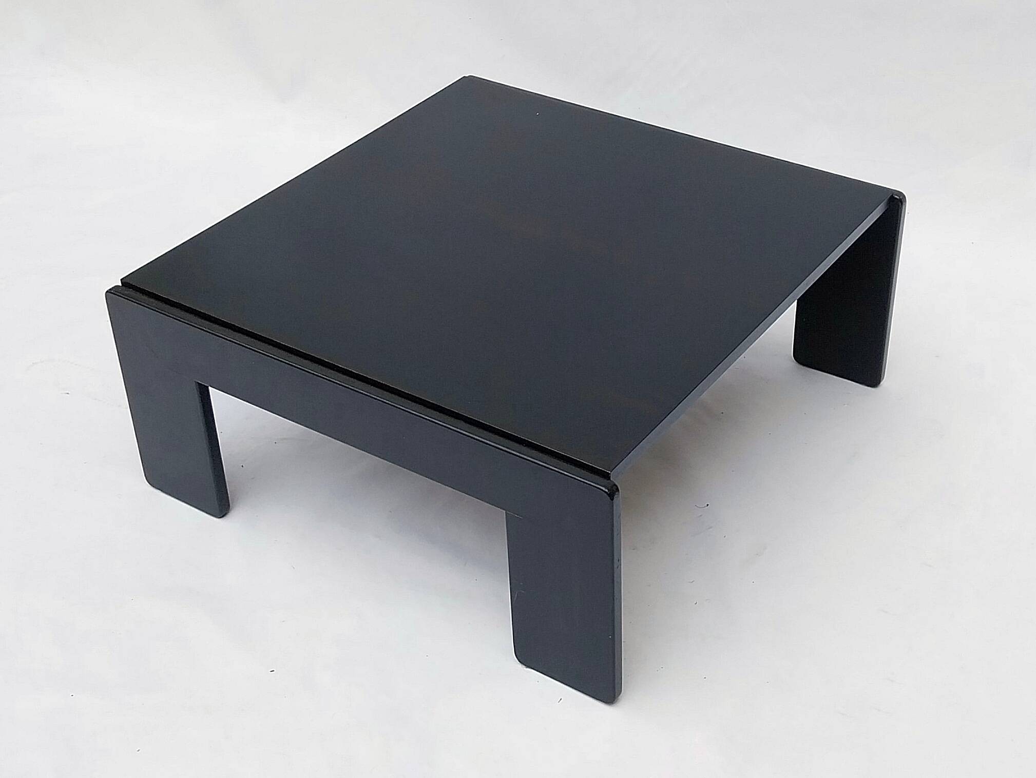 Square black lacquered wood coffee table design 1980