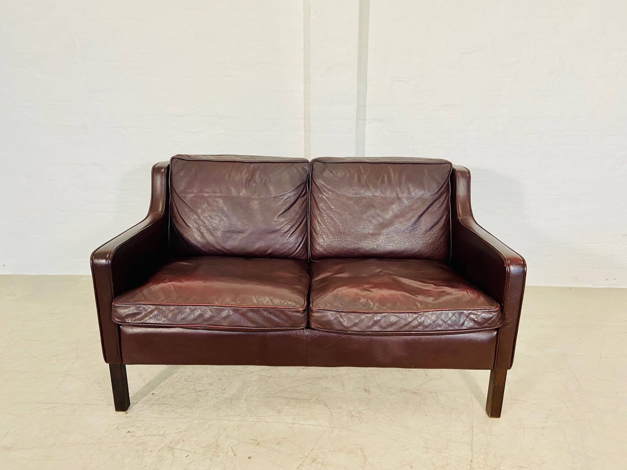 Vintage danish mid century dark cognac leather 2 seater stouby sofa
